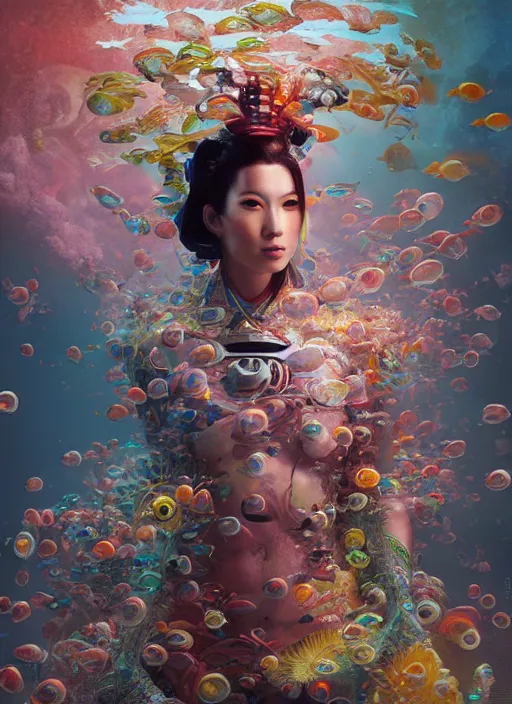 Image similar to portrait of a futuristic geisha cyborg in the ocean surrounded by little colorful fish, modern fine art, fractal, intricate, elegant, highly detailed, digital photography, subsurface scattering, by jheronimus bosch and greg rutkowski,