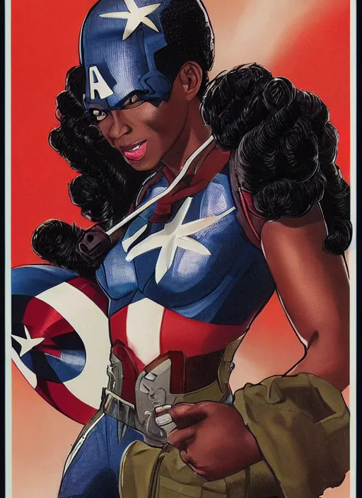 Image similar to beautiful black female captain america. afro - feminist captain america wins wwii. american wwii propaganda poster by james gurney, rob liefeld and pixar. gorgeous face. overwatch, realistic. black power