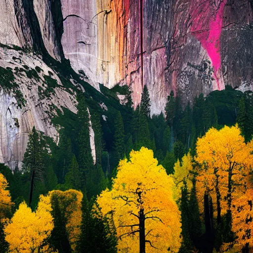 Prompt: an aerochrome photograph of Yosemite National Park