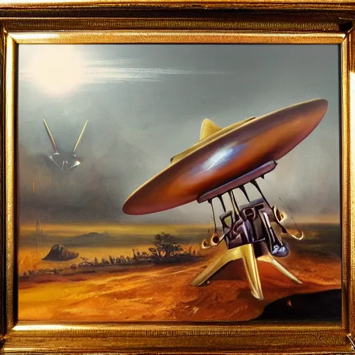 Prompt: devil paintings, old gold - plated frame, cinematic, ufo in the background