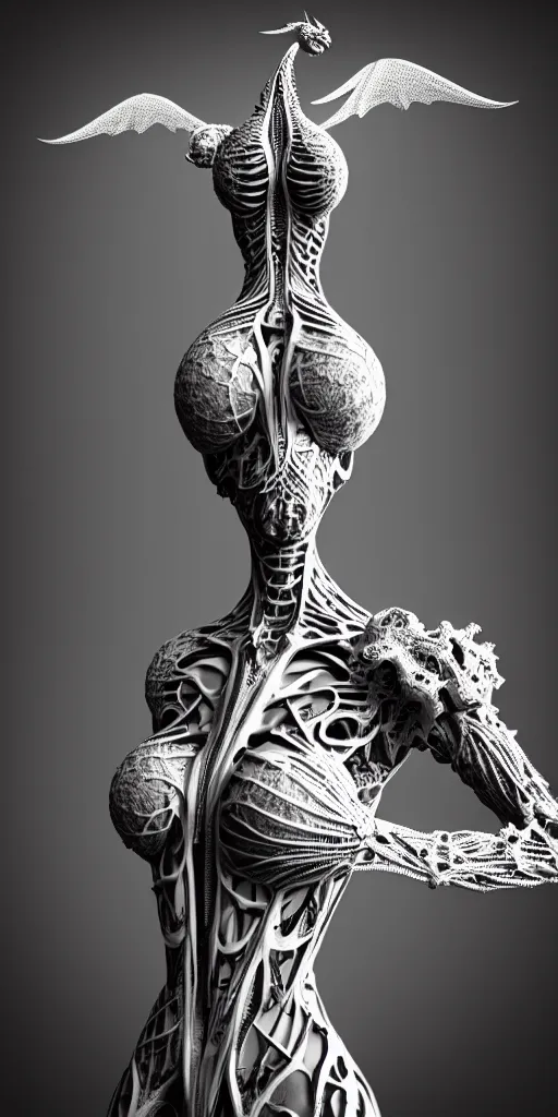 Image similar to a black and white 3D render of a full figure young female angelic-dragon-cyborg with a very long neck, Mandelbrot fractal, anatomical, flesh, facial muscles, veins, arteries, full frame, microscopic, elegant, highly detailed, flesh ornate, elegant, high fashion, rim light, 150 mm lens, octane render in the style of H.R. Giger and Man Ray, Realistic, Refined, Digital Art, Highly Detailed, Cinematic Lighting, rim light, photo-realistic Unreal Engine, 8K