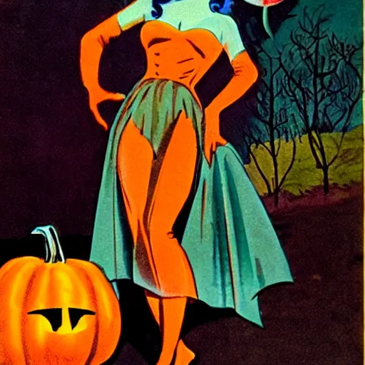 Prompt: vampire woman shopping for pumpkins, 1960s retro sci fi pulp art,