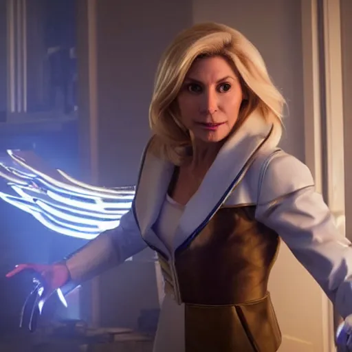 Image similar to film still of elizabeth mitchell as mercy in overwatch ( 2 0 2 3 )