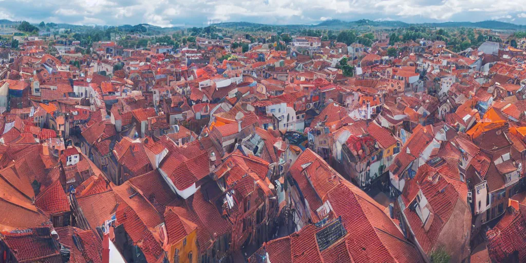 Prompt: Aerial perspective of a fantasy town winding narrow streets a multicolored marketplace full of people, red brick rooves and smoke from chimneys