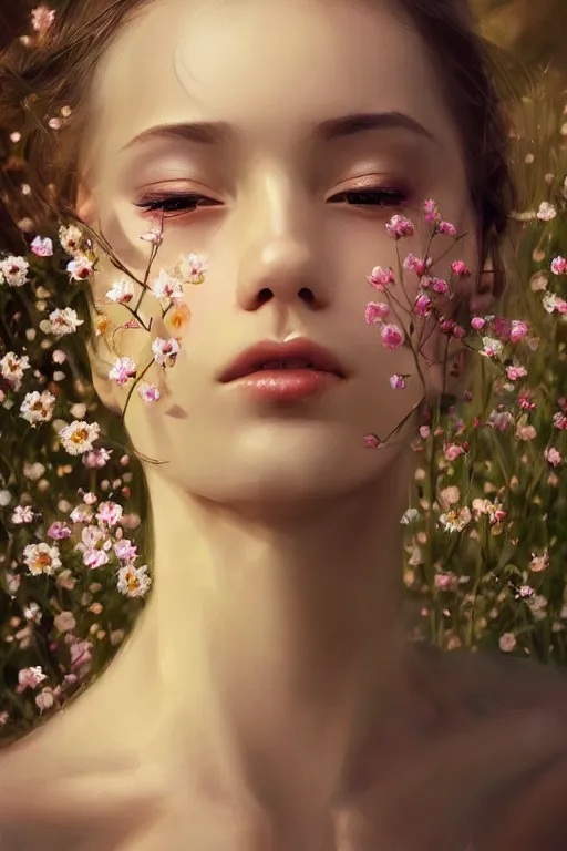 Image similar to stunningly beautiful, prima ballerina in flowery meadow, symmetrical face, golden hour, smooth, focus, highly detailed, hyper realistic, dramatic lighting, elegant, intricate, concept art, art by wlop, mars ravelo, greg rutowski, artstation