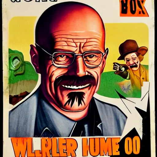 Prompt: creepy walter white with a scary comically large smile, 1940's scare tactic propaganda art