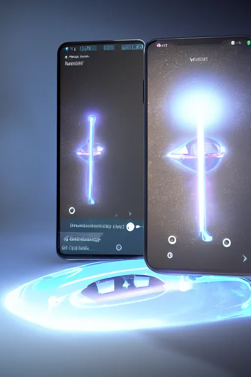 Prompt: a new futuristic smartphone, concept art, illumination radiating a glowing aura global illumination ray tracing hdr render in unreal engine 5
