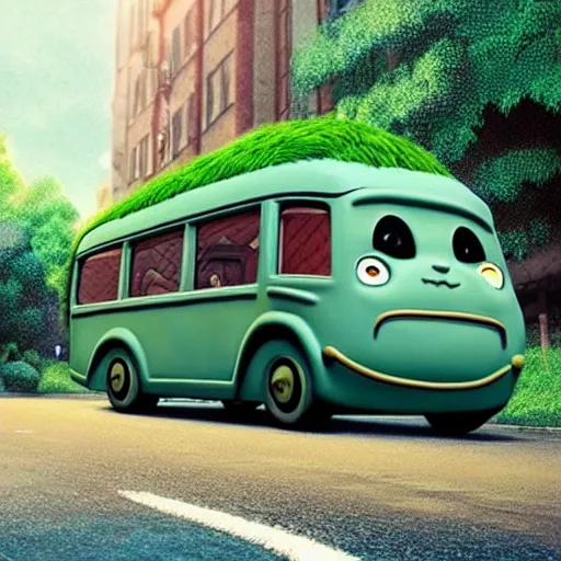 Image similar to “ a photo of the catbus from ” my neighbor totoro ” in a city, ultra realistic, 4 k, 8 k ”
