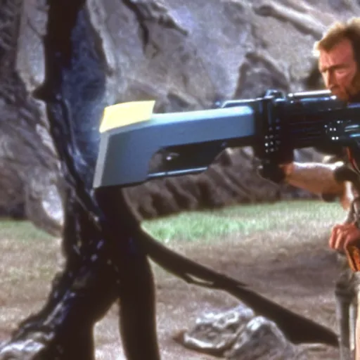 Prompt: film still of clint eastwood as alan grant holding a futuristic proton rifle in jurassic park 1 9 9 3