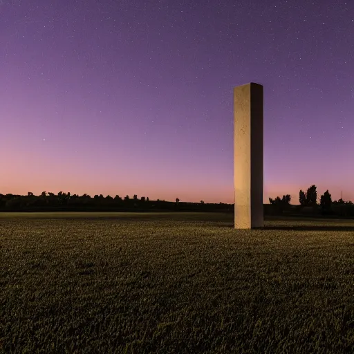 Image similar to a field during nighttime with a concrete monolith in the distance, liminal, 4 k