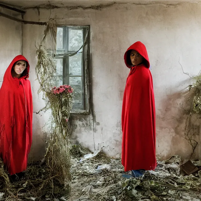 Prompt: a woman wearing a hooded cloak made of zinnias and barbed wire, in a derelict house, by Petra Collins, natural light, detailed face, CANON Eos C300, ƒ1.8, 35mm, 8K, medium-format print