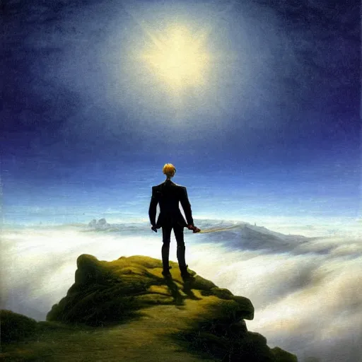 Image similar to wanderer above the sea of fog, but with ghost rider style of caspar david friedrich