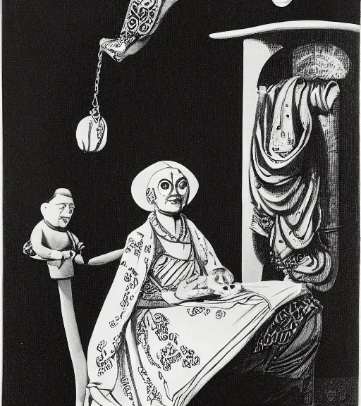 Prompt: portrait of a fortune teller automata by Alfred Hitchcock, MC Escher, David Cameron