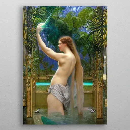 Image similar to The maze, refracted sparkles, thunderstorm, greek pool, beach and Tropical vegetation on the background major arcana sky, by paul delaroche, alphonse mucha and arnold böcklin, hyperrealistic symmetrical 8k, award-winning, very very very detailed