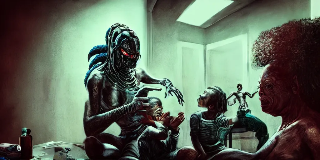 Prompt: ( predator alien ) staying with ( bottle of hennessy ) in ghetto projects with ( old black woman and her gangsta kid ). cold light, cinematic colors, high detail