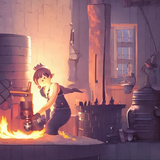 Prompt: a full body portrait of the short and fiery blacksmith Kitty with a beard at her forge, blacksmith's outfit, inside building, makoto shinkai, james gilleard, very detailed, matte, gaussian blur, tone mapped, Akihiko Yoshida.