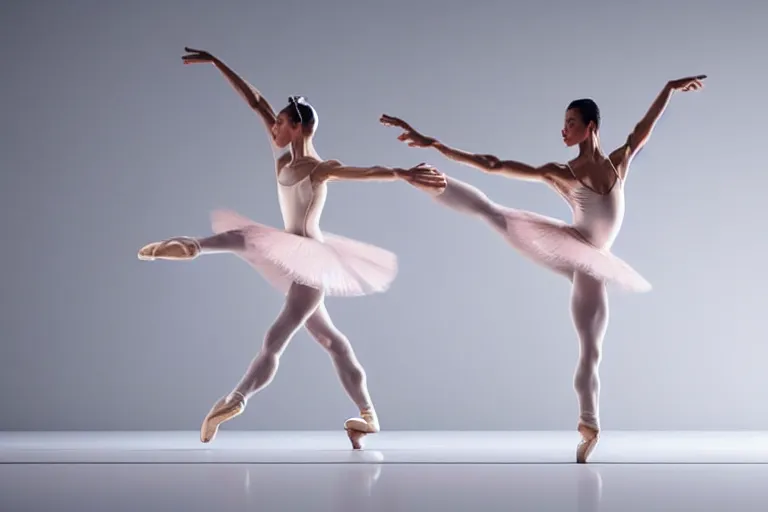 Image similar to still photo of ballet dancers dancing, wearing silk cloth in whole body, highly detailed, photorealistic portrait, bright studio setting, studio lighting, crisp quality and light reflections, unreal engine 5 quality render