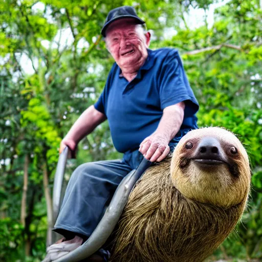 Image similar to portrait of an elderly man riding a sloth, canon eos r 3, f / 1. 4, iso 2 0 0, 1 / 1 6 0 s, 8 k, raw, unedited, symmetrical balance, wide angle