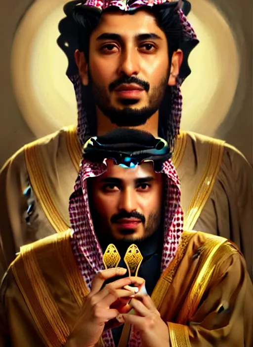 Prompt: king of saudi arabia playing video games, intricate, elegant, highly detailed, my rendition, digital painting, artstation, concept art, smooth, sharp focus, art by artgerm and greg rutkowski and alphonse mucha and uang guangjian and gil elvgren and sachin teng, symmetry!!