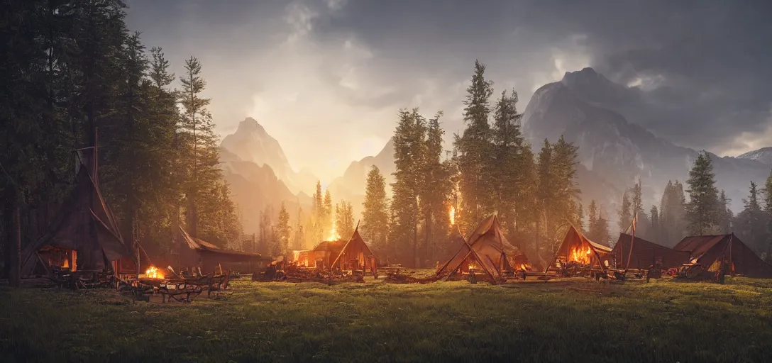 Image similar to longhouse, campfire, teepee, very detailed, octane render, realistic, 8 k, unreal engine 5, dramatic, volumetric, trees,, majestic mountains, sunrise, beautiful clouds, greg rutkowski