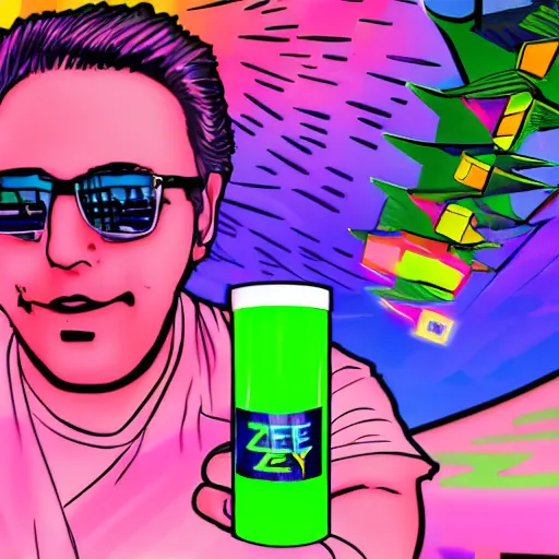 Prompt: Jeff Gerstmann enjoying a Zoe Energy drink in the Vaporwave zone, detailed, colorful