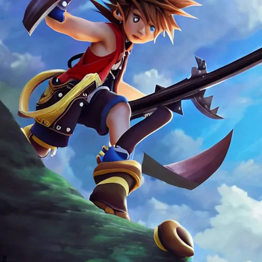 Image similar to sora from kingdom hearts leaping into battle holding keyblade. league of legends character art. digital illustration. hyper realistic. high quality. high resolution. 4 k.. highly detailed. trending on artstation. ruan jia, wlop. scifi, fantasy, magic the gathering, hyper detailed, octane render, concept art, peter mohrbacher, artgerm.