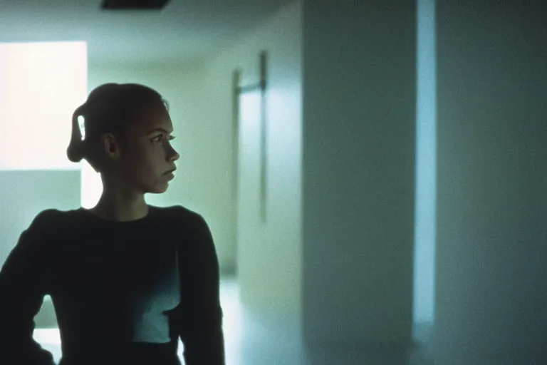 Prompt: backlit photograph of awestruck young woman standing in front of tall black box radiating esoteric energy in suburban living room, crisp focus, highly detailed, in nicolas roeg style, 3 5 mm ektachrome