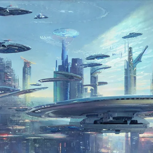 Image similar to gorgeous sci fi imagery | landing spot | space and city flying craft | futuristic | beautiful couple in the foreground heading to their hovering transport | futurism | modern couple | futuristic cityscape in the background | low angle close up | by john berkey, greg rutkowski, james gurney