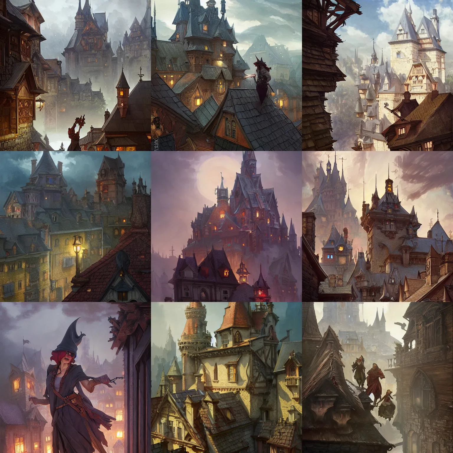 Prompt: thiefs run on roof of castle and town, horror, dnd, highly detailed, smooth, sharp focus, chiaroscuro, digital painting, artgerm and greg rutkowski and alphonse mucha