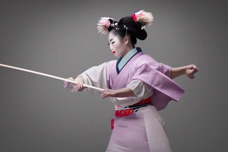 Image similar to beautiful photo of a geisha samurai warrior, mid action swing, muted pastels, action photography, 1 / 1 2 5 shutter speed, back lit lighting