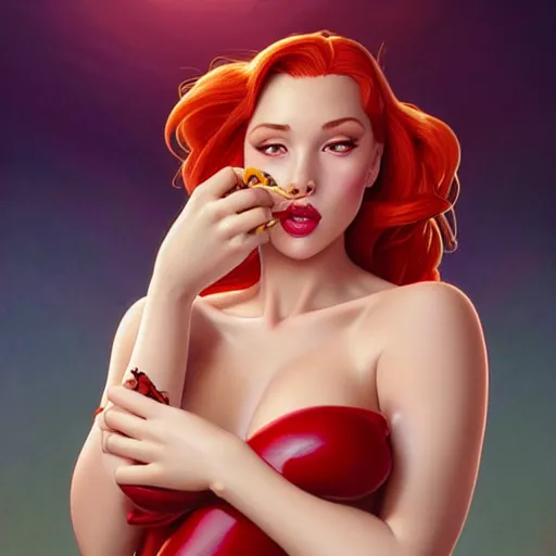 Image similar to portrait ofJessica Rabbit eating hamburgers, extra onions and ketchup, luscious patty with sesame seeds, feminine ethereal, handsome, D&D, fantasy, intricate, elegant, highly detailed, digital painting, artstation, concept art, matte, sharp focus, illustration, art by Artgerm and Greg Rutkowski and Alphonse Mucha