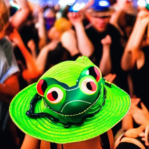 Prompt: frog wearing a bucket hat at a rave, photography