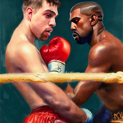 Image similar to a beautiful painting of kanye west knocking out pete davidson in a boxing ring, rendered art, highly detailed painting by gaston bussiere, craig mullins, j. c. leyendecker 8 k, trending on artstation, watercolor