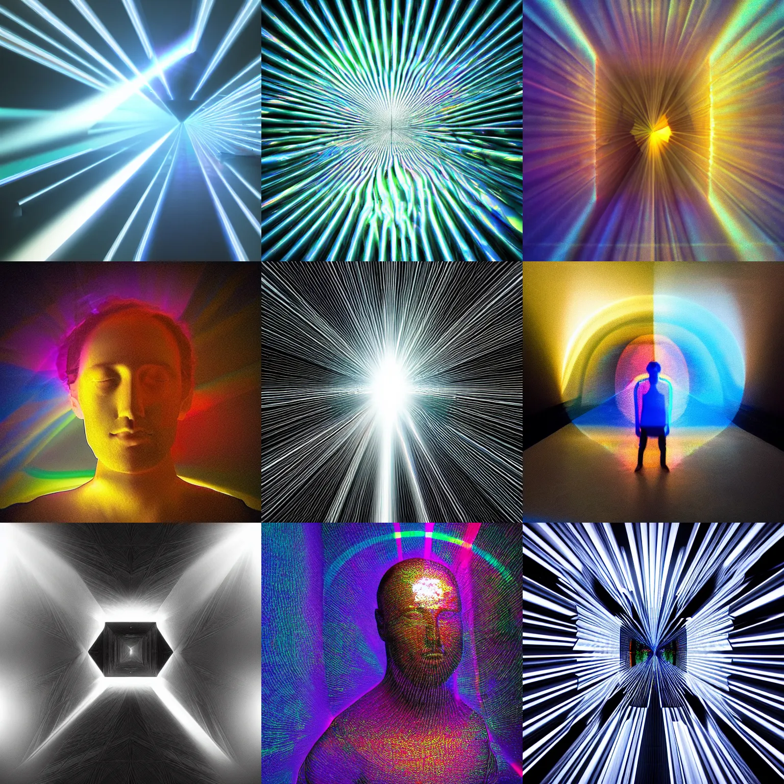 Prompt: “Ivan the prismatic person, refracted light, caustics, light rays shining through, 4k photo”