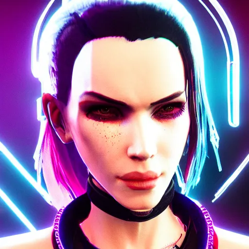 Image similar to headshot of punk female from cyberpunk 2077 wearing thick steel choker around neck, 4K, detailed face, collar on neck, realistic, artstation, neon,