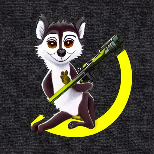 Image similar to “ logo of a lemur in the style of zootopia holding laser gun, with a black background, digital art, award winning, trending on art station, retro style ”