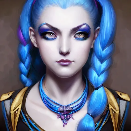 Image similar to a Portrait of JINX from League of Legends, blue hair, pigtail, intricate, elegant, highly detailed, digital painting, concept art, smooth, sharp focus, illustration, art by artgerm and greg rutkowski and alphonse mucha,artstation,deviantart,FAN ART,Unreal Engine,face enhance,8K,golden ratio,cinematic lighting H 704