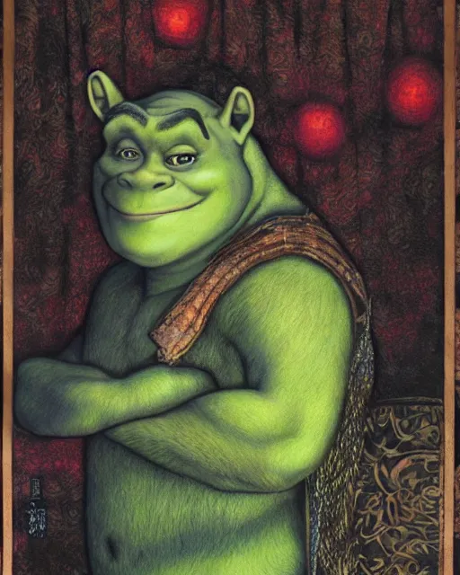 Image similar to Shrek as an event companion, painting by Chie Yoshii. Cinematic.