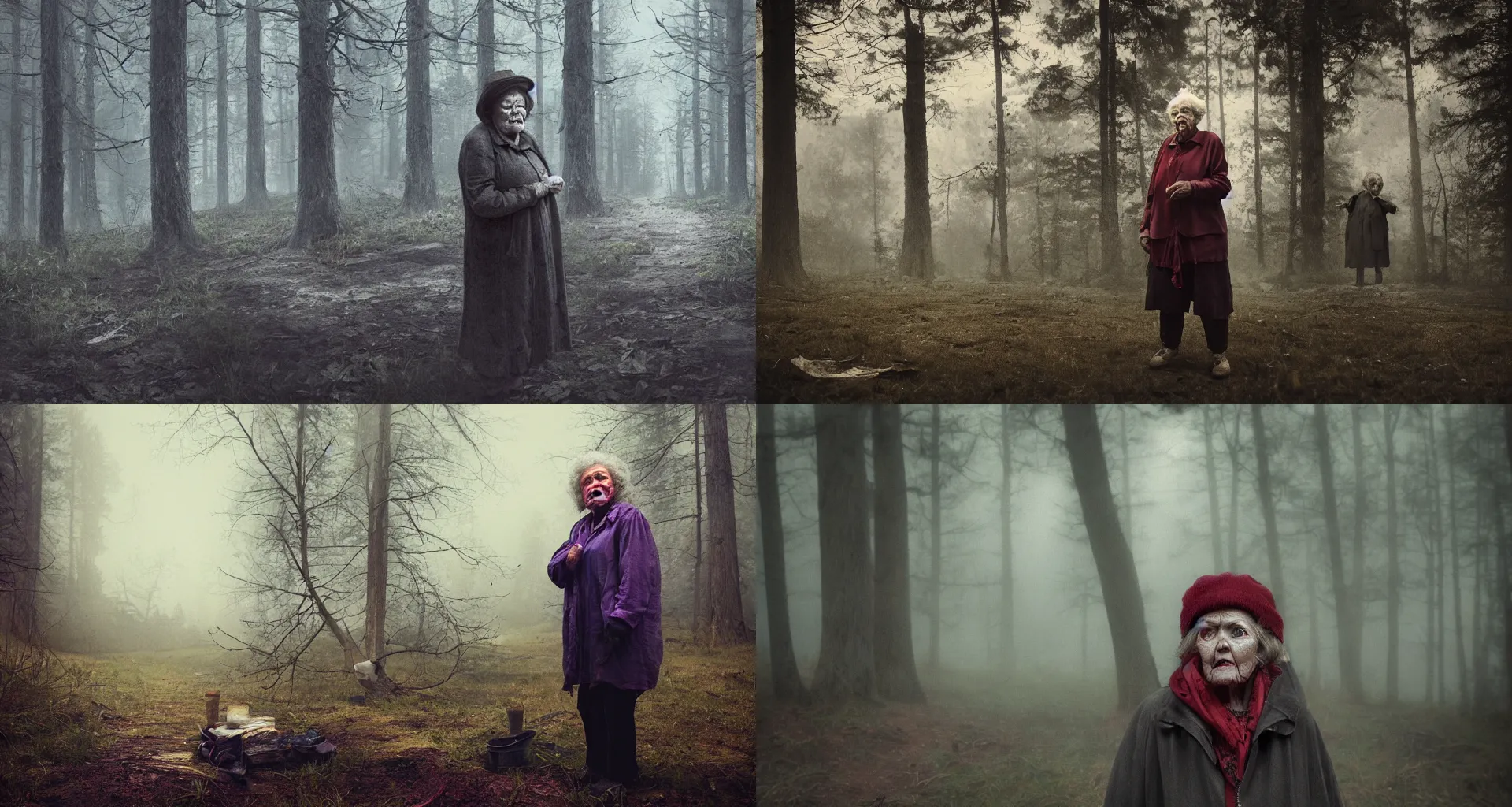 Prompt: portrait of an old woman with sinister face and dirty clothes standing outside of an old cabin, forrest in the background, bokeh, depth of field, moody, utopian looking, 80s, realistic, dramatic lighting, cinematic, vivid colors, matte painting, in the style of Simon Stalenhag