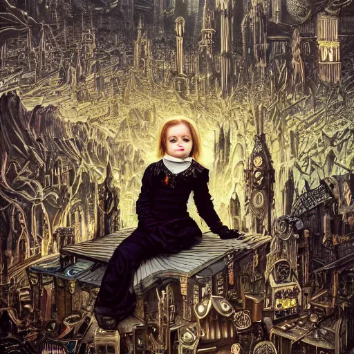 Image similar to a photo of young sad victorian gothic child with big eyes and wide grin sitting on a sofa of bones surrounded by a cyber futuristic cityscape made of human body parts by dan mumford, ultra detailed, 8 k resolution, beautiful lighting, expansive detailed layered city, landscape, 5 0 mm