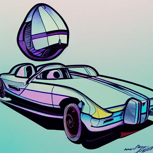 Image similar to a car drawn by andrew domachowski style, retrofuturism