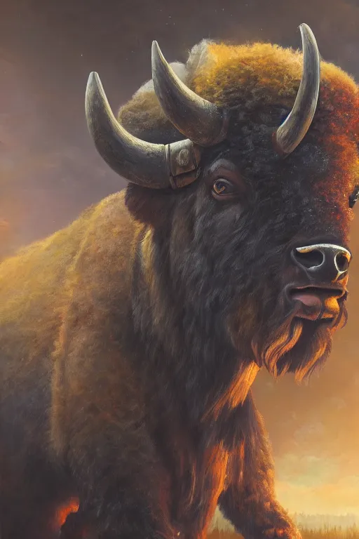 Image similar to bison astronaut, oil on canvas, intricate, portrait, 8 k highly professionally detailed, hdr, cgsociety