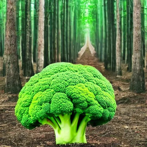 Prompt: a forest with giant broccoli