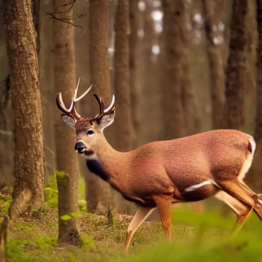 Image similar to a national geographic photo of deer that has red color skin in forest, f 2,0, telephoto, fine deatils