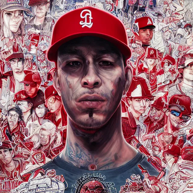 Prompt: the portrait of chaotic neutral los angeles blood's gang member wearing a red dodgers baseball cap, an ultrafine hyperdetailed illustration by kim jung gi, irakli nadar, intricate linework, bright colors, octopath traveler, final fantasy, unreal engine 5 highly rendered, global illumination, radiant light, detailed and intricate environment