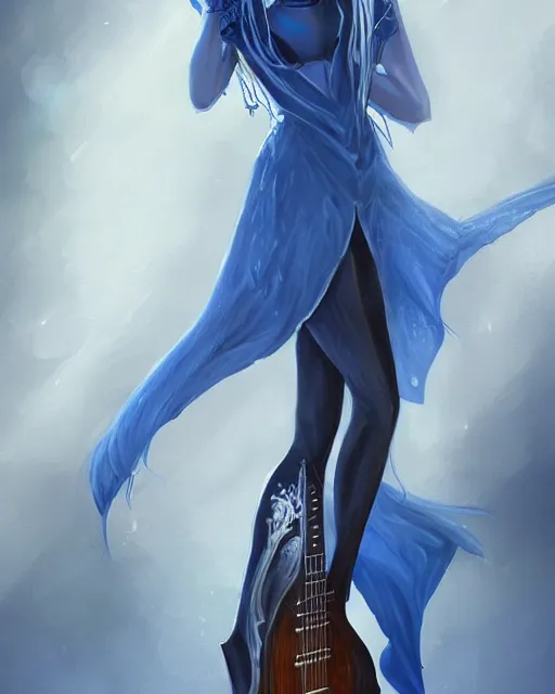 Image similar to A beautiful mysterious girl with hooded cobalt-blue eyes and silky white hair, guitar shape build, her wardrobe is attractive, full body, fantasy art, in the style of Frank Neidhardt, illustration, epic art, fantasy, intricate, elgant, amazing detail, digital painting, artstation, concept art, smooth, sharp focus