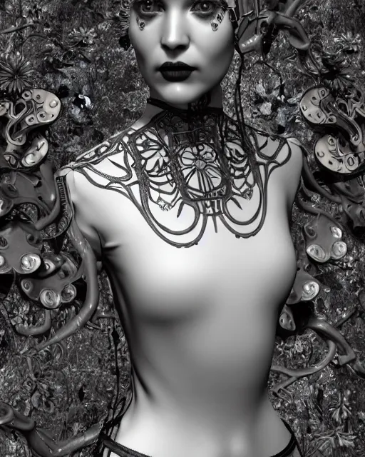 Image similar to monochrome 3 d model, 1 9 3 0 picture, floral steampunk biomechanical beautiful young female cyborg with porcelain profile face and a techno eye, volumetric light, leaves foliage and stems, hibiscus flowers, boho vines, sinuous fine roots, fine foliage lace, alexander mcqueen, rim light, big gothic fashion pearl embroidered collar, octane render, 8 k