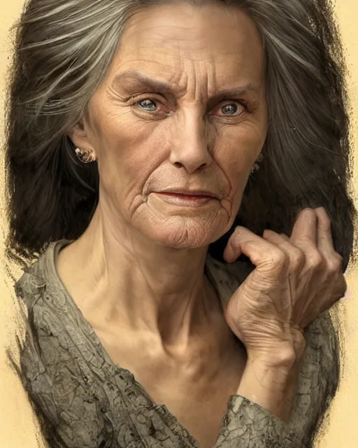 Image similar to portrait 6 0 - year - old woman, tall, severe - looking, with dark hair tied up in a bun, hyper realistic face, beautiful eyes, fantasy art, in the style of greg rutkowski, intricate, alphonse mucha, hyper detailed, smooth