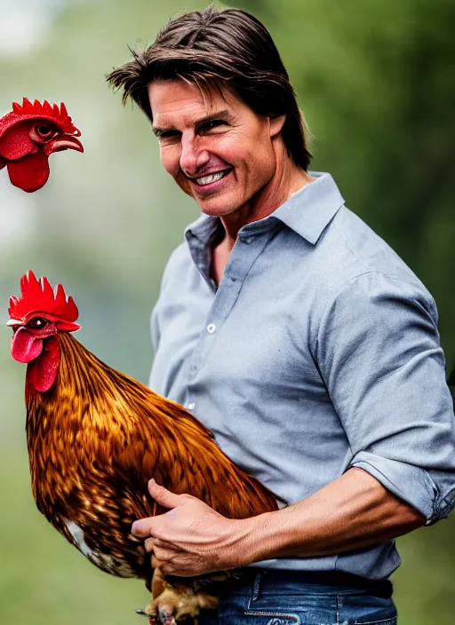 Image similar to a professional photo of tom cruise holding a rooster, f / 1. 4, 9 0 mm