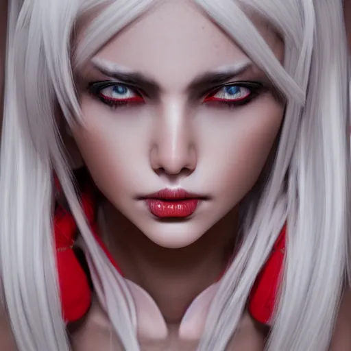 Image similar to a highly detailed beautiful portrait of a humanoid demon girl with white hair, red horns, in white clothes, artstation, deviantart, professional, unreal engine 5, photorealistic